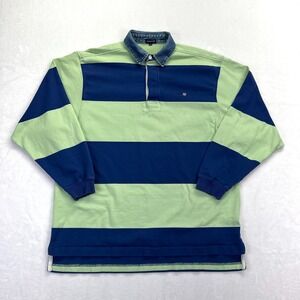 Gant USA Mens XXL Rugby Shirt Striped Green Navy Blue Denim Collar Long Sleeve